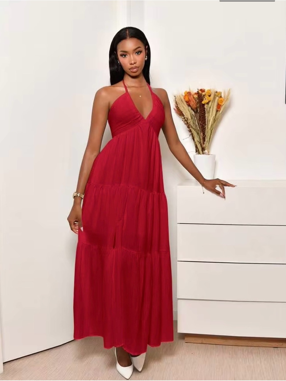 Red Halter Tiered Maxi Dress - Women's Designer Style  barely worn no flaws